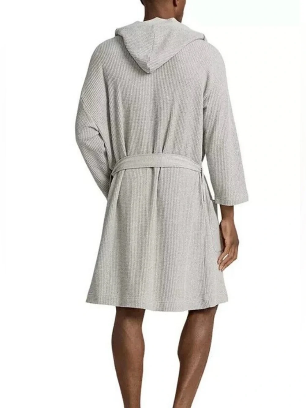 Polo by Ralph Lauren Light Gray Hooded Thermal Knit Waffle Belted Robe-NEW